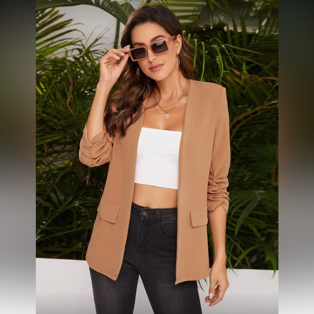 SHEIN Camel Ruched Sleeve Blazer (M